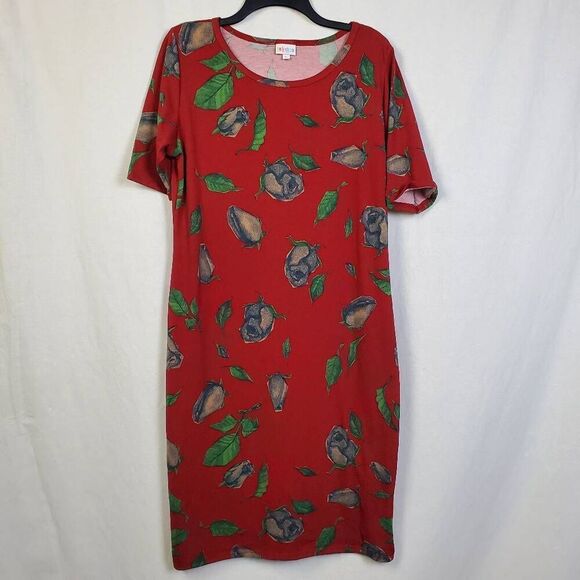 LuLaRoe Women’s Julia Dress XL Red Green Blue Abstract Fruit Leaf Print Stretchy - Picture 1 of 6